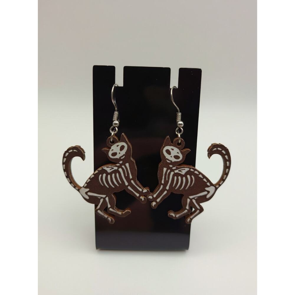 Skeleton Cat Earrings Full Body Spooky Halloween Lightweight Dangle